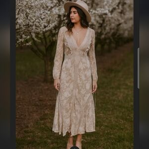 Stevie May Gray Floral Deep V Neck Ruffle  Maxi Dress